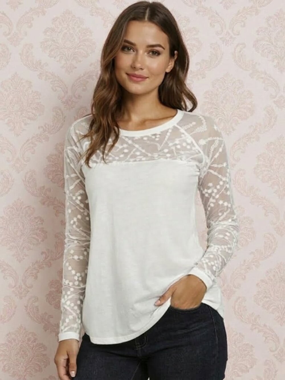 Free People White Ethereal Dainty Embroidered Lace Long Sleeve Top Medium